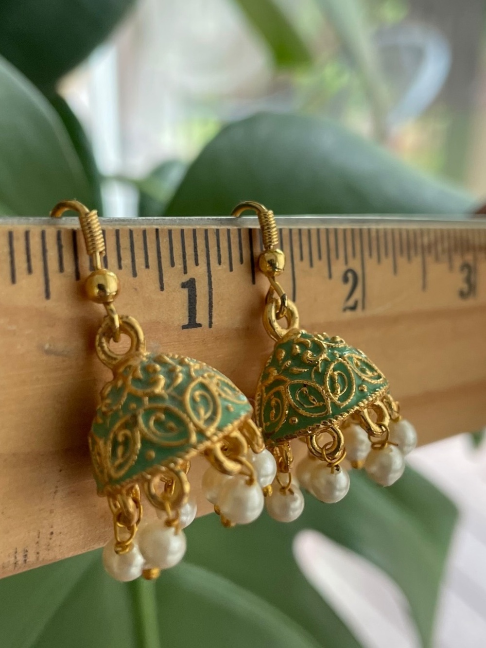 Pastel Mint Green Meenakari Jhumka Earrings with Pearl Drops Gold - Picture 4 of 5